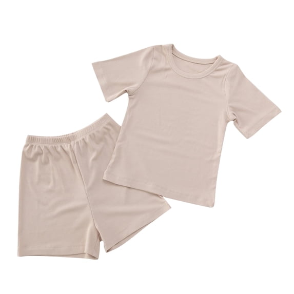 Mgmyaa Unisex Kids Solid Color Ribbed Short Sleeve Crew Neck Top and Shorts 2-Piece Pajama Set for Kids Ages 1-4
