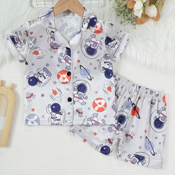 Mgmyaa Unisex Kids Solid Color Short Sleeve Crew Neck Top and Shorts 2-Piece Silk Feel Pajama Set for Kids Ages 12M-8Y