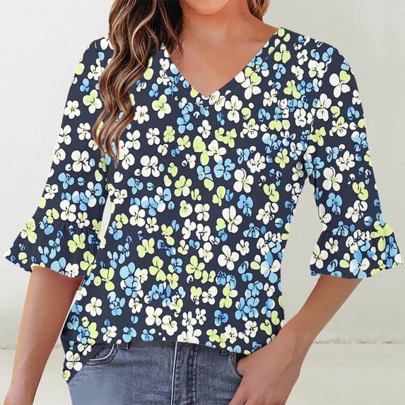 Mgmyaa V Neck Ruffle Sleeve Blouse Women Casual Loose Fit Tunic Top for Summer