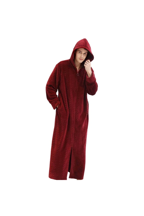 Winter Men's Loose Big & Tall Extended-Length Hooded Sleep Robe - Warm Fleece-Lined Flannel Full Zip Nightgown Homewear