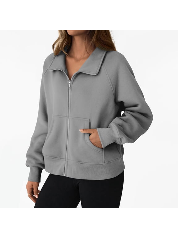 Women Loose Long Sleeve Zip Up Sweatshirt Jacket with Pocket, Casual Fleece Open Front Cardigan for Fall Winter 2025 Fashion, Warm Comfortable Outerwear for Casual Wear