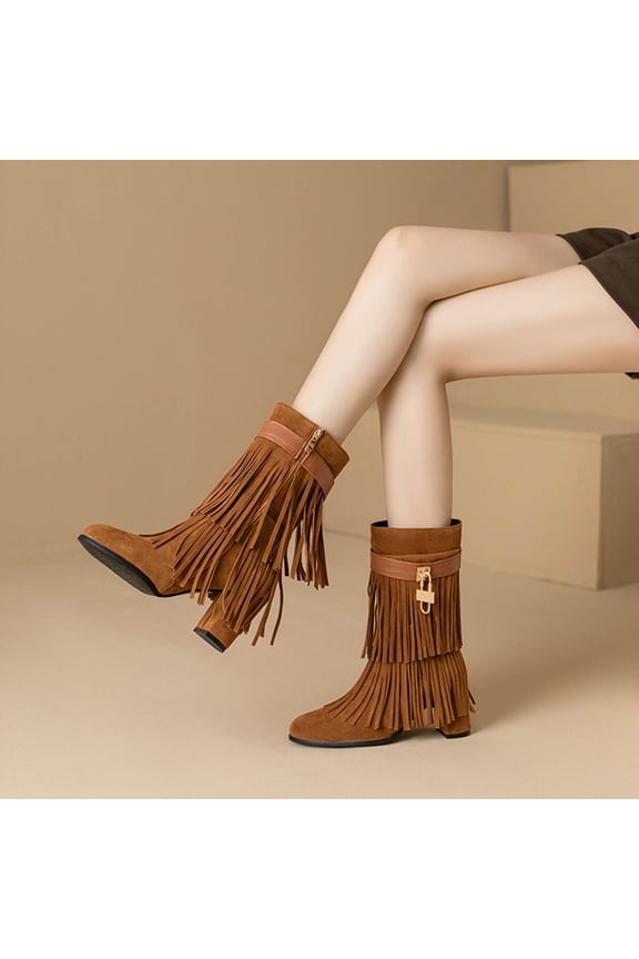 Women Mid Heel Boots Casual Winter Warm Tassel Suede Thick Heel Round Toe Metal Lock Decoration Maillard Mid-Calf Booties