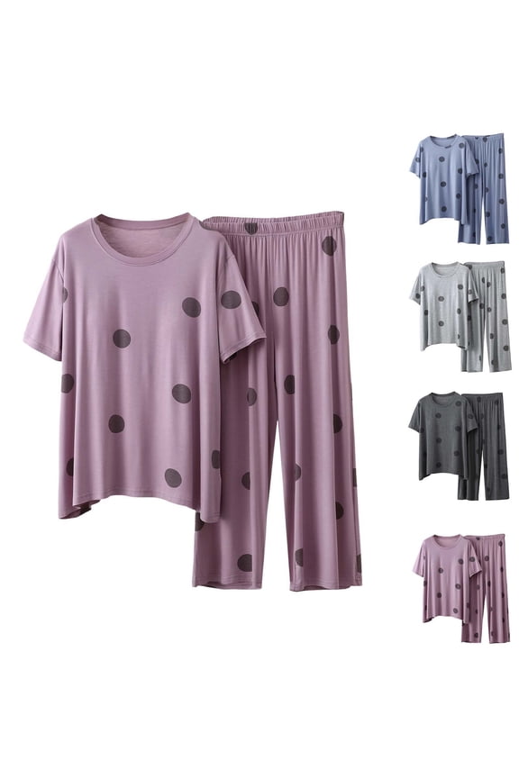 Women Modal Short Sleeve Round Neck Polka Dot Pajama Set With Built-In Bra Plus Size Soft Fabric Breathable Stretchable Loose Fit Casual Loungewear Generous Fit Pack of 2