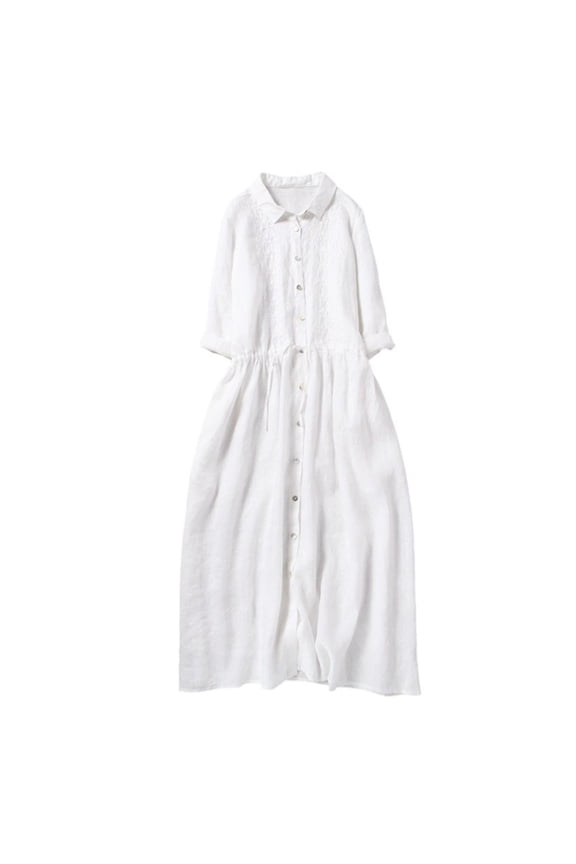 Women Solid Color Casual Dress Crew Neck Short Sleeve Shift Long Loose Pull-On Embroidered Elastic Waist for Daily