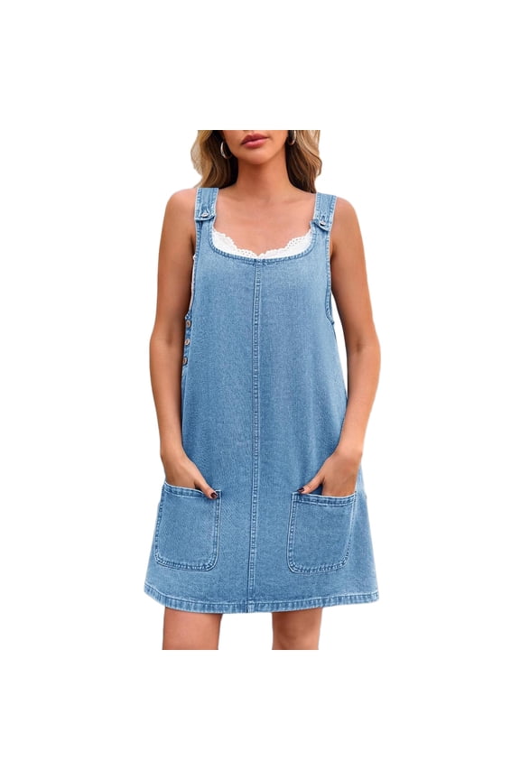 Women Solid Color Casual Dress Scoop Neck Sleeveless Shift Mid-Length Regular Pull-On Linen with Pockets for Summer