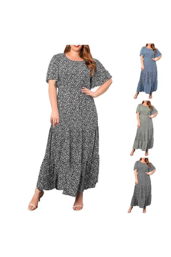 Women Solid Color Casual Plus Size Dress Crew Neck Short Sleeve Shift Long Loose Pull-On for Daily