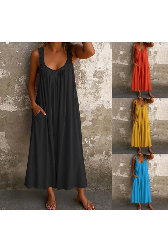 Women Solid Color Casual Plus Size Dress V-Neck Short Sleeve Shift Long Regular Pull-On Loose for Daily