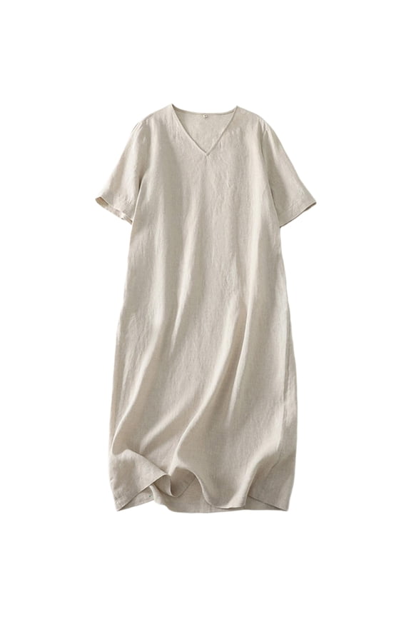 Women Solid Color Casual Shirt Dress V-Neck Short Sleeve Shirt Dress Long Loose Pull-On Elastic Waist Doll Linen for Daily