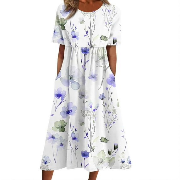 Mgmyaa Women Summer Casual Short Sleeve Dresses Empire Waist Floral Printing Dress with Pockets