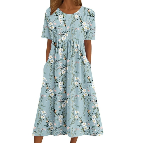 Mgmyaa Women Summer Casual Short Sleeve Dresses Empire Waist Floral Printing Dress with Pockets