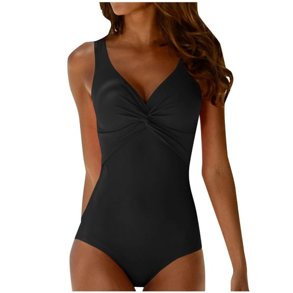 Mgmyaa Women V Neck Mesh Bathing Suit Tummy Control One Piece Swimsuits Halter Push Up Bathing Suits Black XL