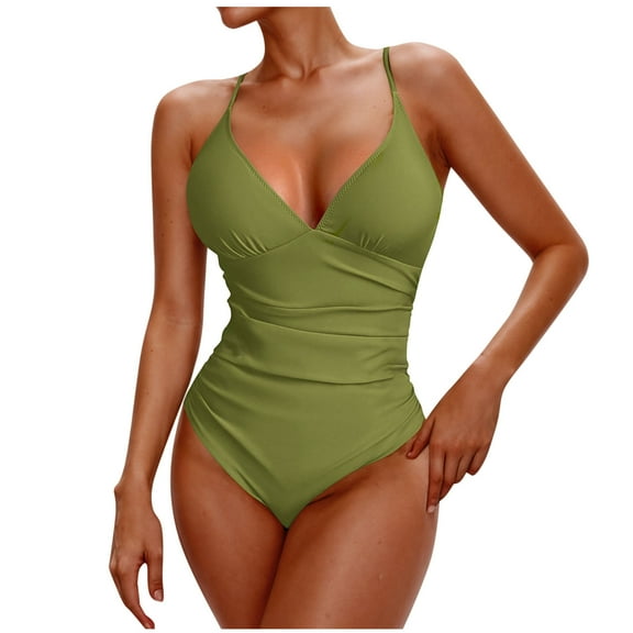 Mgmyaa Women V Neck Mesh Bathing Suit Tummy Control One Piece Swimsuits Halter Push Up Bathing Suits Green S