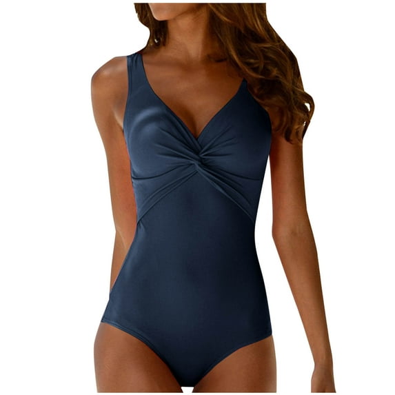 Mgmyaa Women V Neck Mesh Bathing Suit Tummy Control One Piece Swimsuits Halter Push Up Bathing Suits Navy S