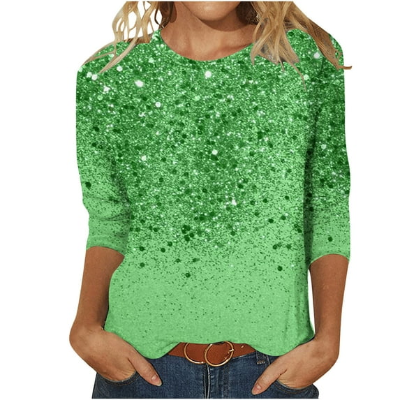 Mgmyaa Women's 3/4 Sleeve Top Loose Glitter Print Round Neck T-Shirt