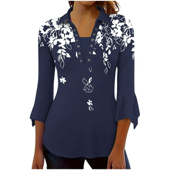 Mgmyaa Women's 3/4 Sleeve Tunic Shirts Floral Collared Button Down Shirts for Women Business Casual Blouses V Neck Work Tops