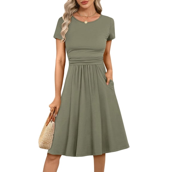 Mgmyaa Women's A-Line Dress Solid Color Crew Neck Short Sleeve Sundress Cocktail-Length Pleated Flowy Beach Dress