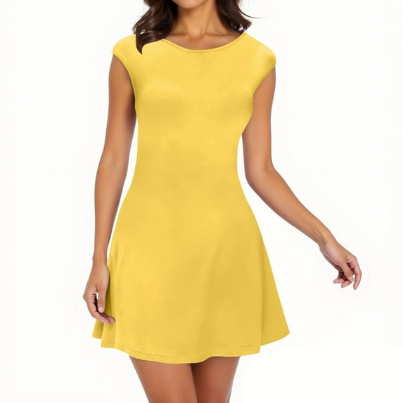 Mgmyaa Women's A-Line Dress Summer Crew Neck 1/4 Sleeve Mini Dress Solid Color Cap Sleeve Cocktail Party Dress