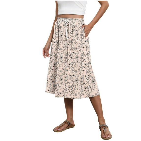 Mgmyaa Women's A-line Skirt Summer Casual Printed Midi Skirt with Side Pockets Drawstring Elastic Waist Lightweight Long Skirt