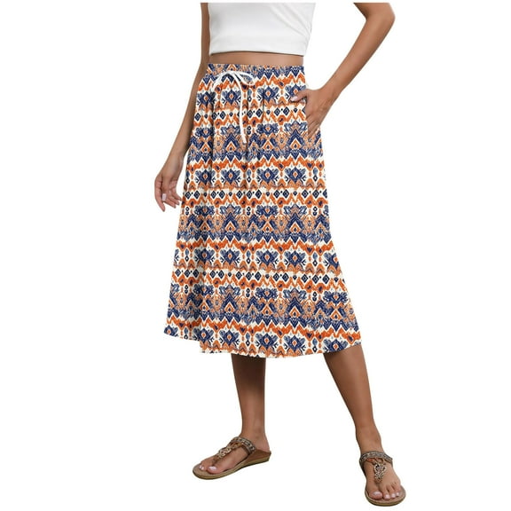 Mgmyaa Women's A-line Skirt Summer Casual Printed Midi Skirt with Side Pockets Drawstring Elastic Waist Lightweight Long Skirt