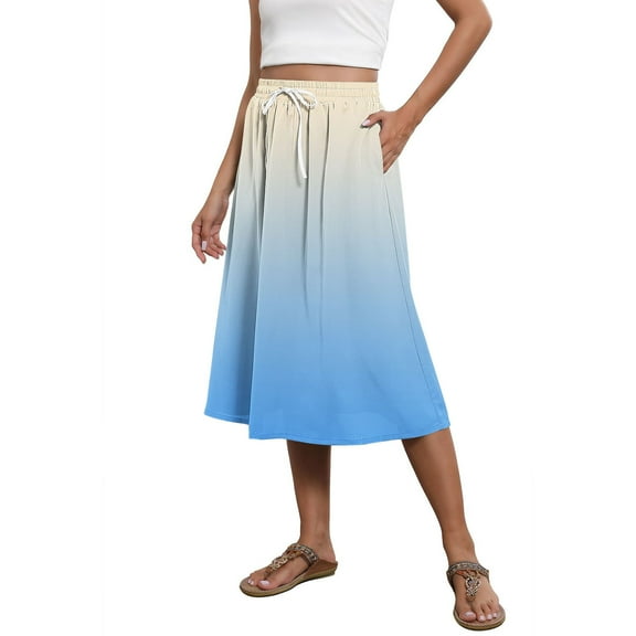 Mgmyaa Women's A-line Skirt Summer Casual Printed Midi Skirt with Side Pockets Drawstring Elastic Waist Lightweight Long Skirt