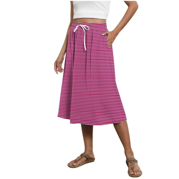 Mgmyaa Women's A-line Skirt Summer Casual Printed Midi Skirt with Side Pockets Drawstring Elastic Waist Lightweight Long Skirt