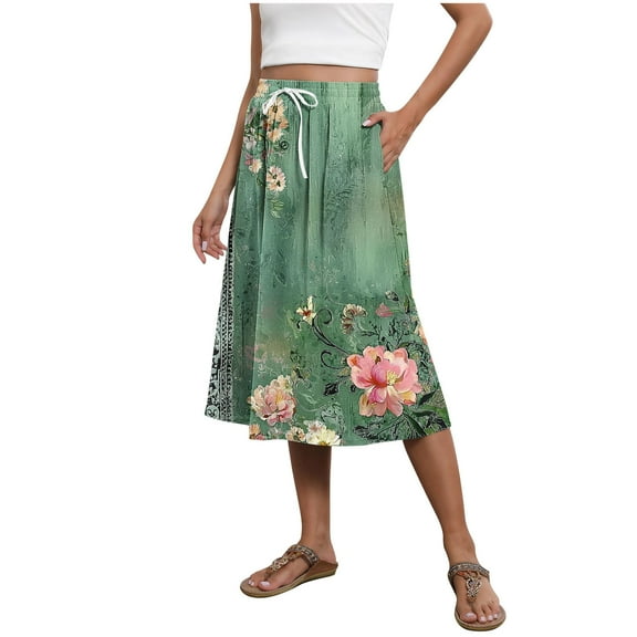 Mgmyaa Women's A-line Skirt Summer Casual Printed Midi Skirt with Side Pockets Drawstring Elastic Waist Lightweight Long Skirt