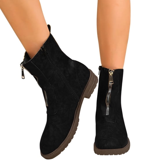 Mgmyaa Women's Ankle Boots Chunky Low Heel Round Toe Zip-Up Winter Booties