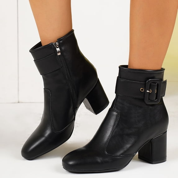 Mgmyaa Women's Ankle Boots Fashionable Winter Comfortable Square Toe Low Block Heel Booties with Side Zipper