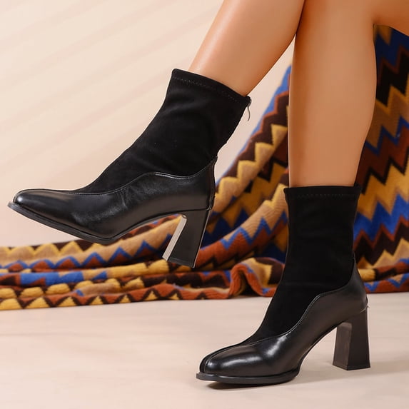Mgmyaa Women's Ankle Boots Square Toe Zip-Up High Block Heel Leather Booties