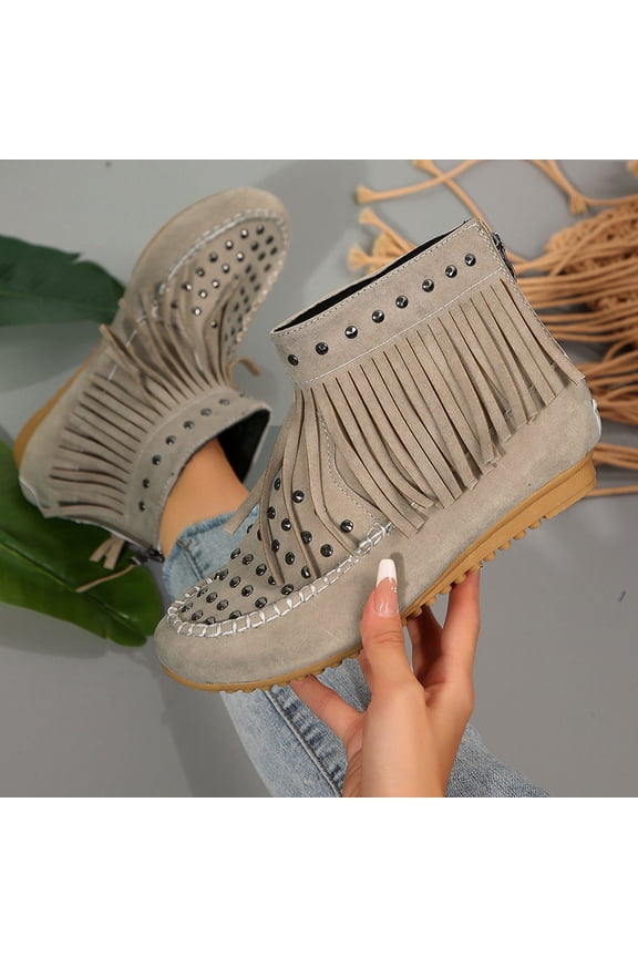 Women's Ankle Boots Zip-Up Tassel Low Block Heel Round Toe Booties