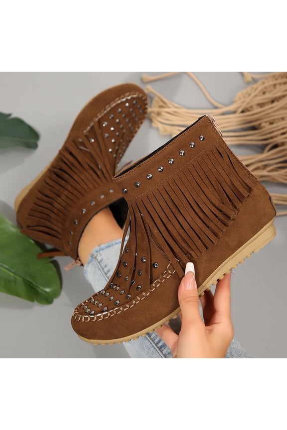 Women's Ankle Boots Zip-Up Tassel Low Block Heel Round Toe Booties