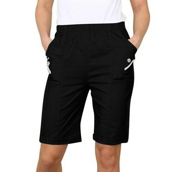 Mgmyaa Women's Bermuda Shorts Fashion Casual Pocket Solid Elastic Waist Straight-Leg Short Pants