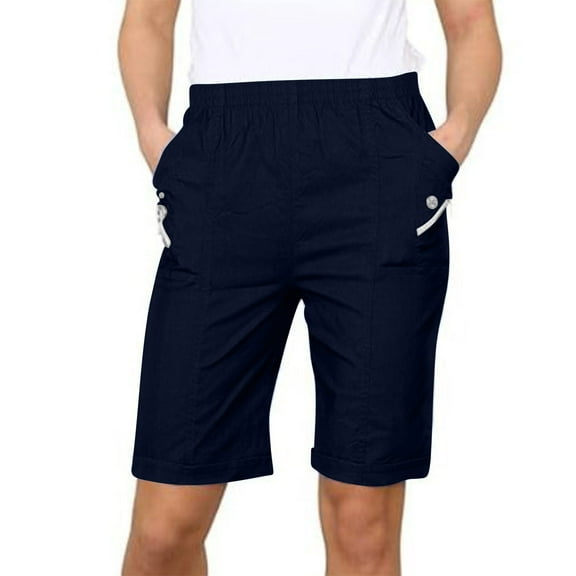 Mgmyaa Women's Bermuda Shorts Fashion Casual Pocket Solid Elastic Waist Straight-Leg Short Pants