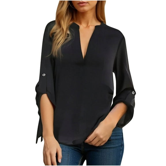 Mgmyaa Women's Blouses Ruffle 3/4 Sleeve Dressy Top V Neck Casual Chiffon Tunic Blouses Business Shirts