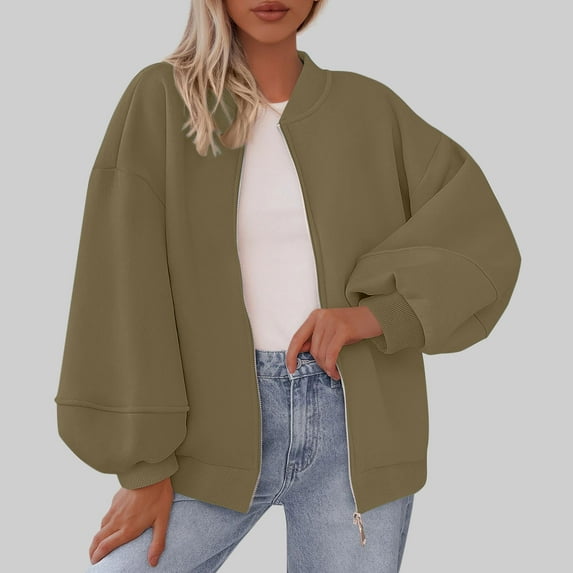 Mgmyaa Women's Bomber Jacket Casual Double Pocket Long Sleeve Zip-Up Jacket with Stand-Up Collar for Fall and Winter