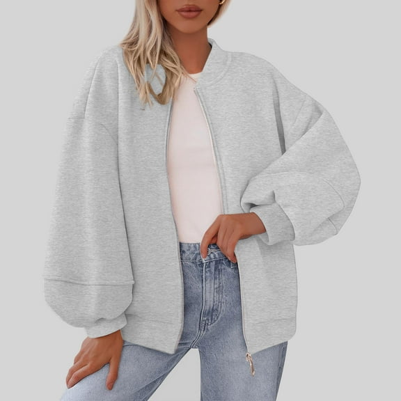 Mgmyaa Women's Bomber Jacket Casual Double Pocket Long Sleeve Zip-Up Jacket with Stand-Up Collar for Fall and Winter