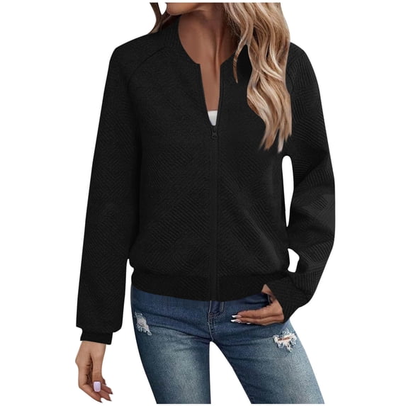 Mgmyaa Women Zip Up Bomber Jacket Textured Knit Casual Long Sleeve Solid Color Cardigan Coat