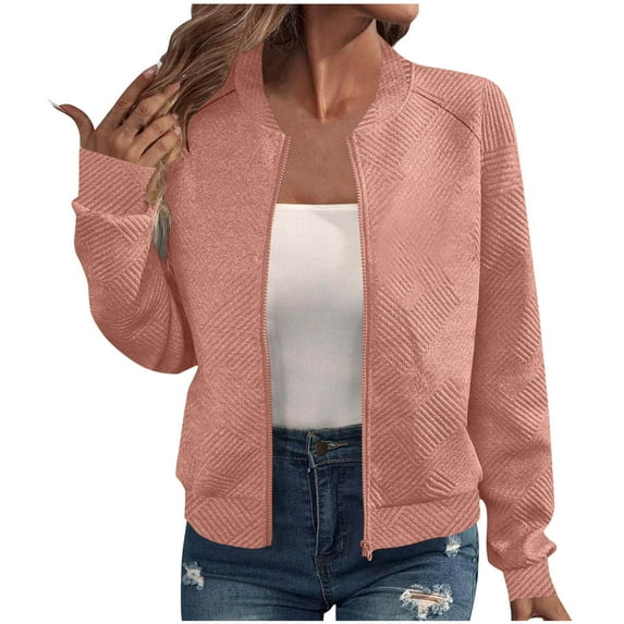 Mgmyaa Women's Bomber Jacket Casual Solid Color Pocket Long Sleeve Zip-Up Outerwear Coat