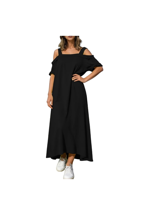 Women's Bright Neon Yellow Cold Shoulder Short Sleeve Loose Maxi Dress, Polyester, Spaghetti Strap, Asymmetrical Hem, Casual Summer Beachwear