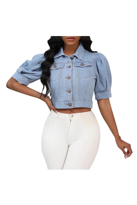 Women's Button Down Short Sleeve Jacket Coat for Spring Fall Denim Jacket