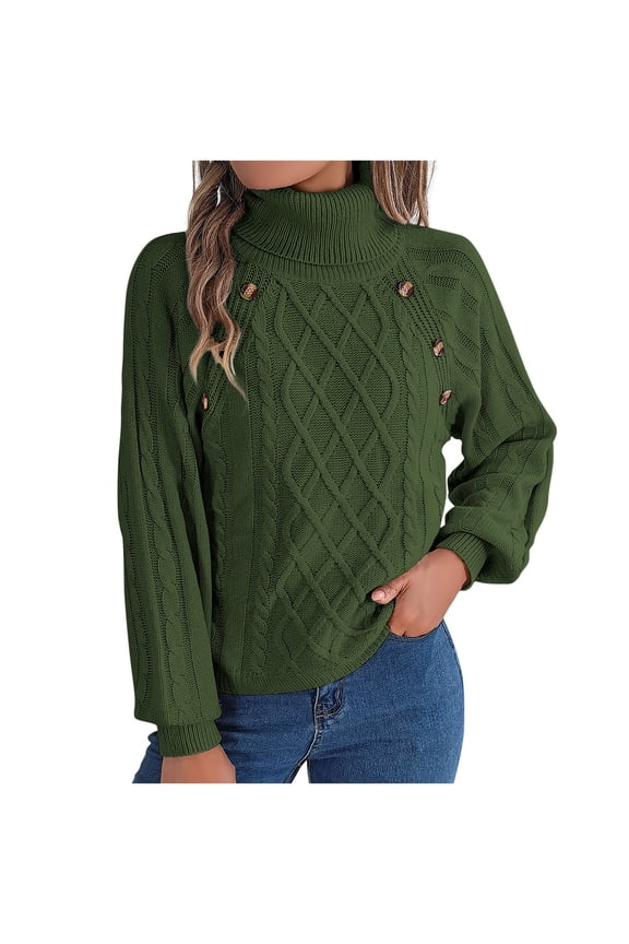 Women's Buttoned Cable Knit Sweater High Neck Lantern Sleeve Pullover Winter Warm Thick Tops Loose Casual Solid Fall Fashion