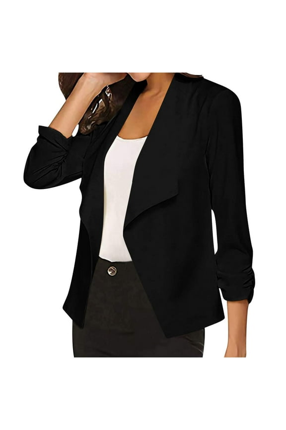 Women's Buttonless Open Front Blazer Long Sleeve Tailored Suit Jacket Casual Office Wear Lightweight Polyester