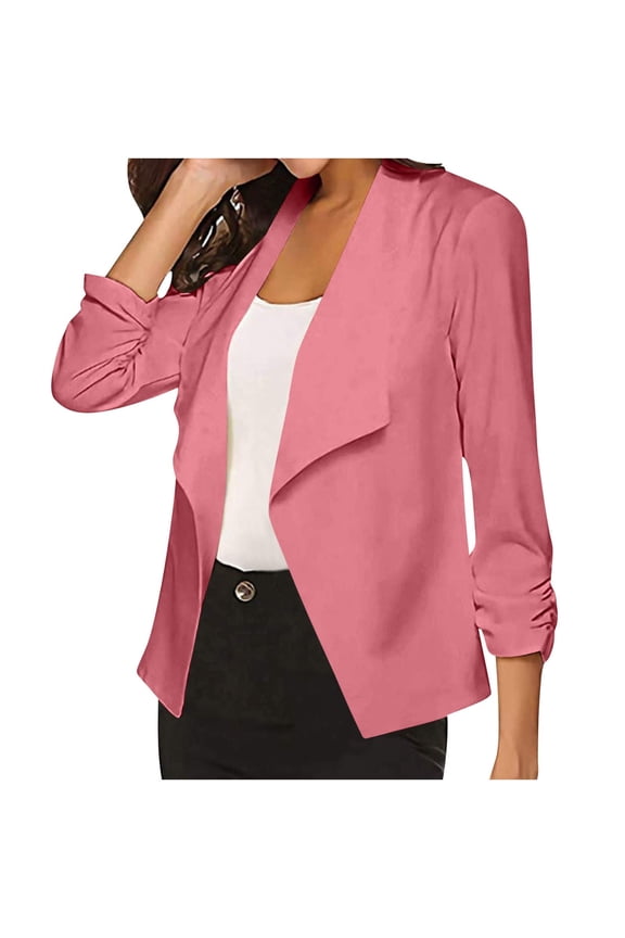 Women's Buttonless Open Front Blazer Long Sleeve Tailored Suit Jacket Casual Office Wear Lightweight Polyester