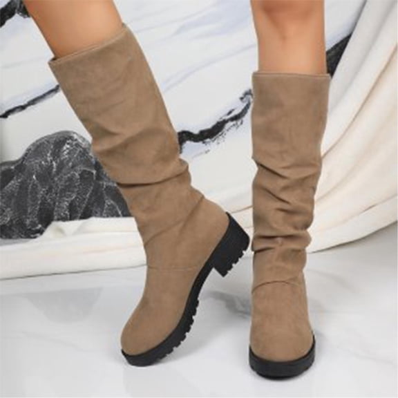 Mgmyaa Women's Calf-High Boots Comfortable Casual Medium Heel Block Heel Mid Calf Boots