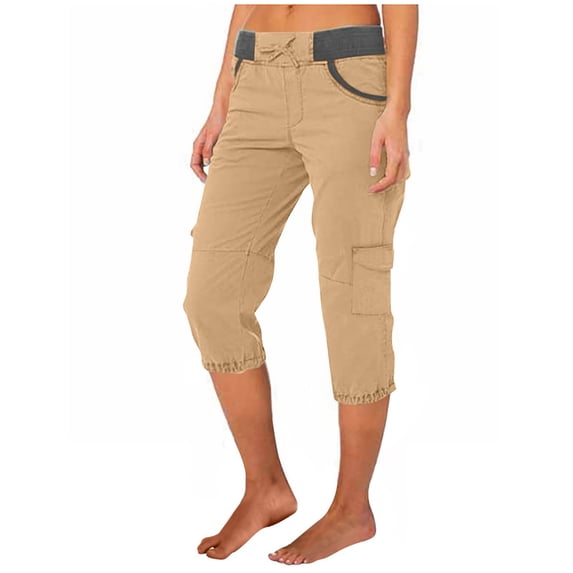 Mgmyaa Women's Capris Casual Solid Color Mid Waist Cargo Pants Cropped Trousers with Retractable Cuffs