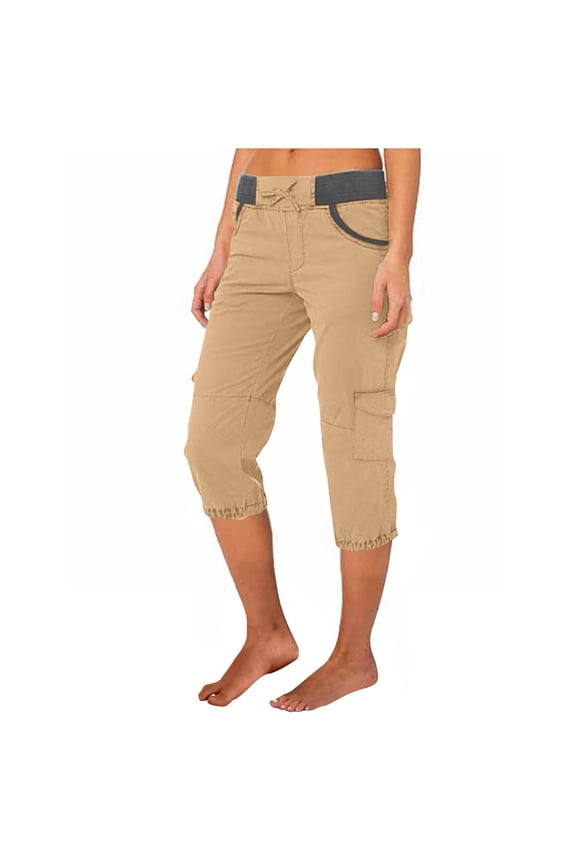 Women's Capris Casual Solid Color Mid Waist Cargo Pants Cropped Trousers with Retractable Cuffs