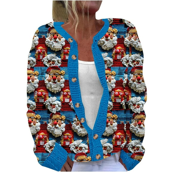 Mgmyaa Women's Cardigan Sweater Long Sleeve Casual Knit Jacket with Christmas Print