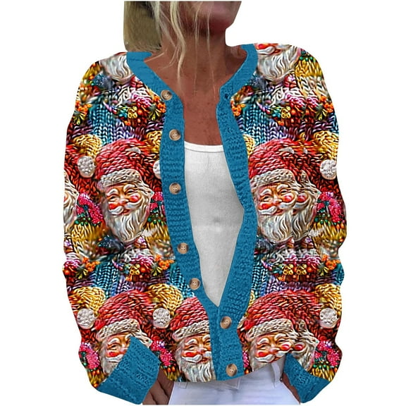 Mgmyaa Women's Cardigan Sweater Long Sleeve Casual Knit Jacket with Christmas Print