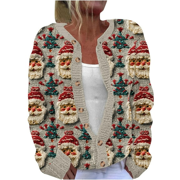 Mgmyaa Women's Cardigan Sweater Long Sleeve Casual Knit Jacket with Christmas Print