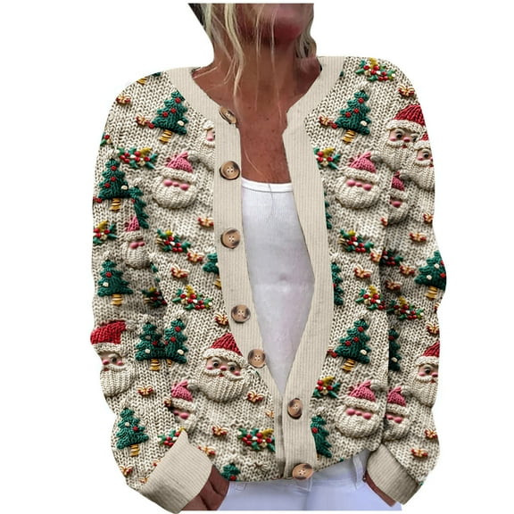 Mgmyaa Women's Cardigan Sweater Long Sleeve Casual Knit Jacket with Christmas Print